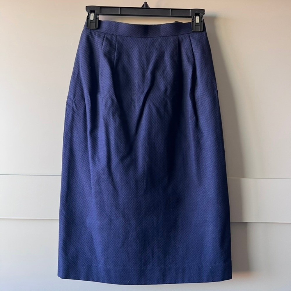 Vintage Blue Textured Knee Length Skirt Pleated Waist Womens Sz XS Cotton Japan‎